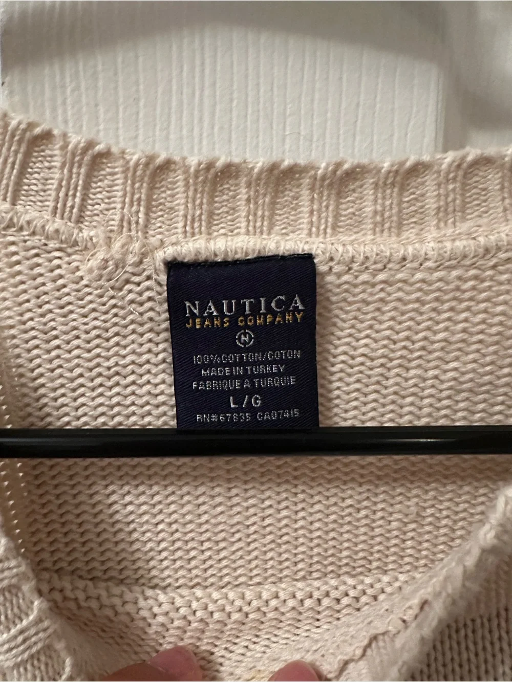 Nautica Cream Crew Sweater with Navy Stripe